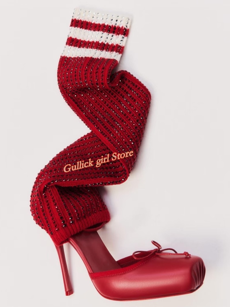 Red Knit Square Toe Boots Cut  - Knee High Sock Women avis et prix